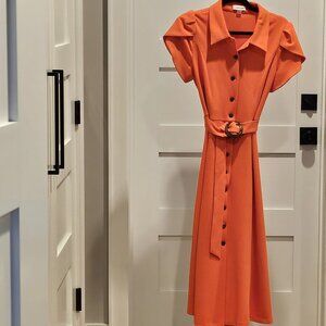 Calvin Klein Tulip Sleeve Belted A-Line Midi Shirt Dress